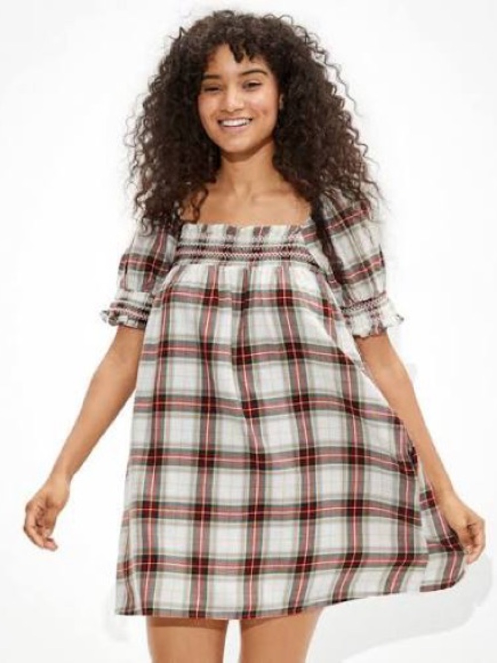 American Eagle Women’s Size Medium Dress Plaid Babydoll Smocked Puff Sleeve
